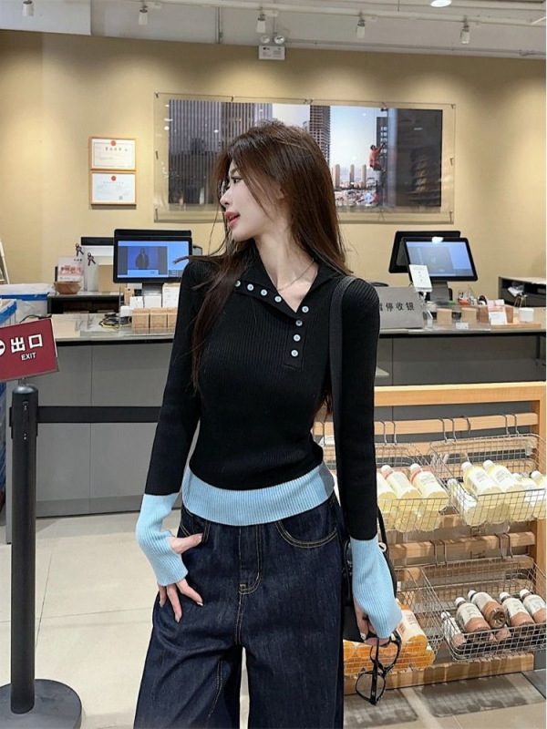 拼接撞色设计感翻领打底女春秋冬季修身显瘦气质内搭针织衫上衣|undefined