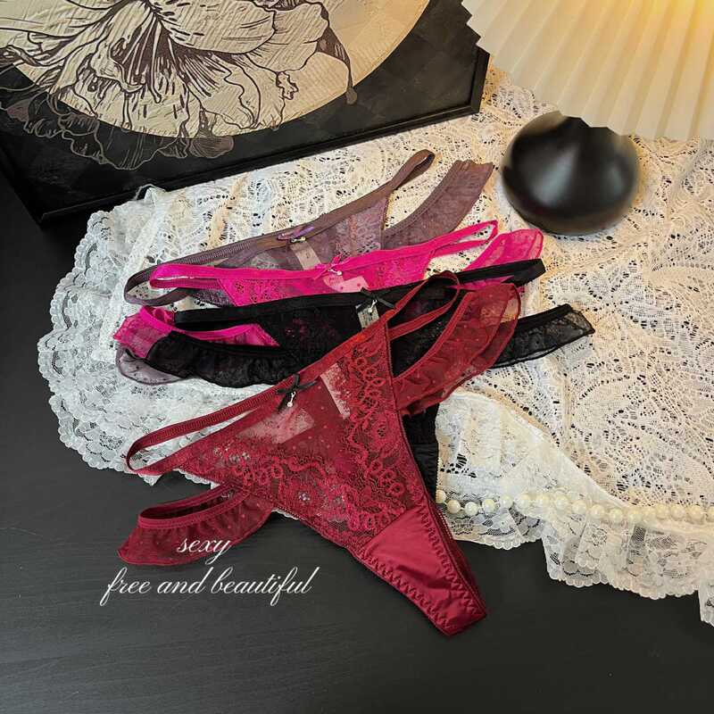 F-5384 Lace Thong Sexy Hot Charm Hanging Waist Breathable Mesh Bow with Diamond Women's Underwear