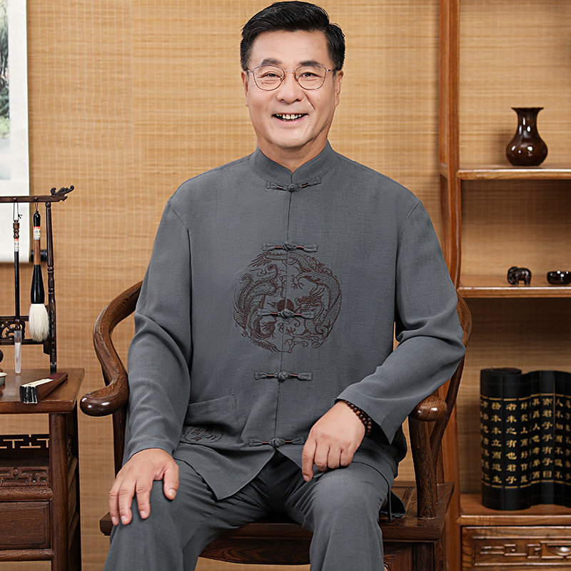 新中式唐装情侣款短袖套装中老年国风刺绣立领盘扣上衣婚宴祝寿服