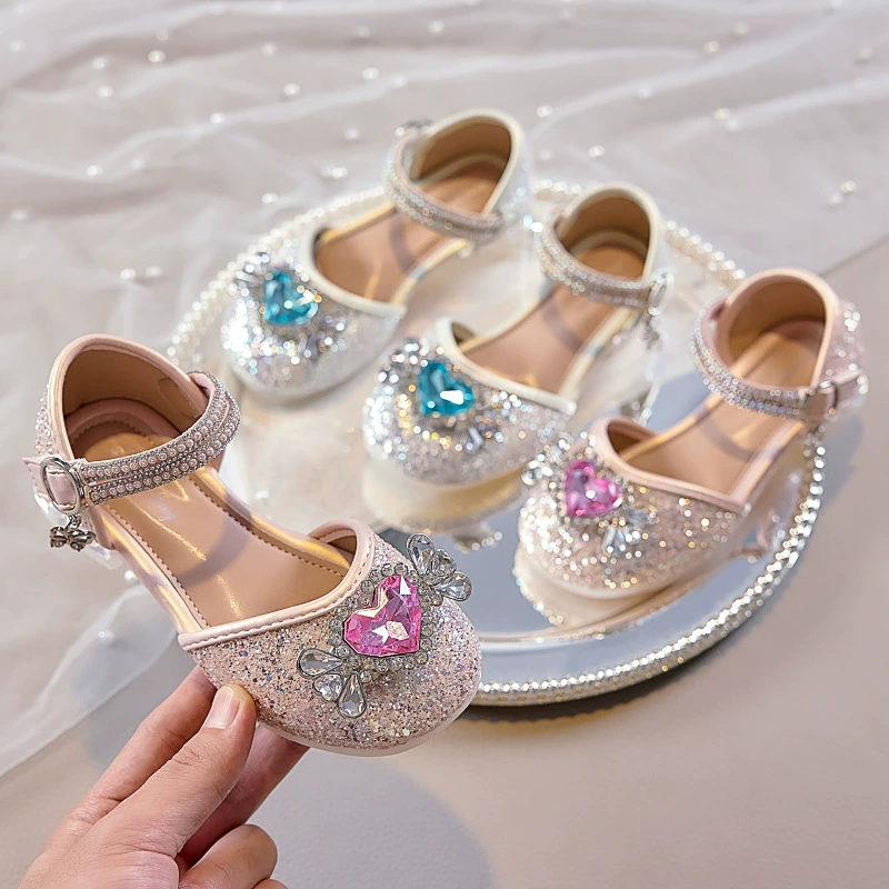 Детские кожаные туфли Elsa Crystal Princess 2025: Новинка осени, с бантом, удобные, на мягкой подошве, со стразами