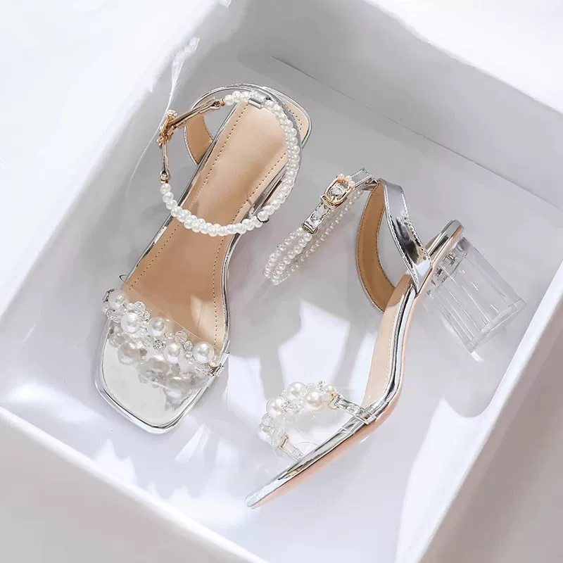 Женские летние босоножки 2025 года, новый французский стиль, прозрачные кристаллы, толстый каблук, универсальные и удобные высокие каблуки