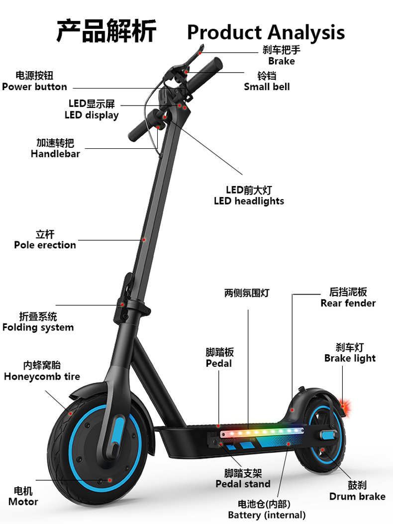 500W high-power electric scooter, foldable, long range, 10inch Guangdong factory, overseas warehouse, shipping to Europe and America for export