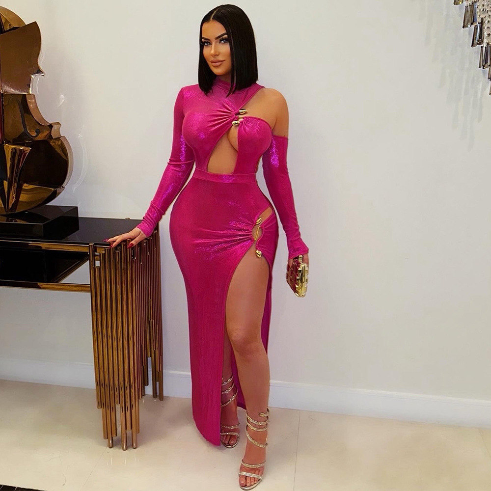 ZY6161 Cross-border European and American Irregular Hollow Metal Buckle dress Sexy High Split Dinner Dress Women