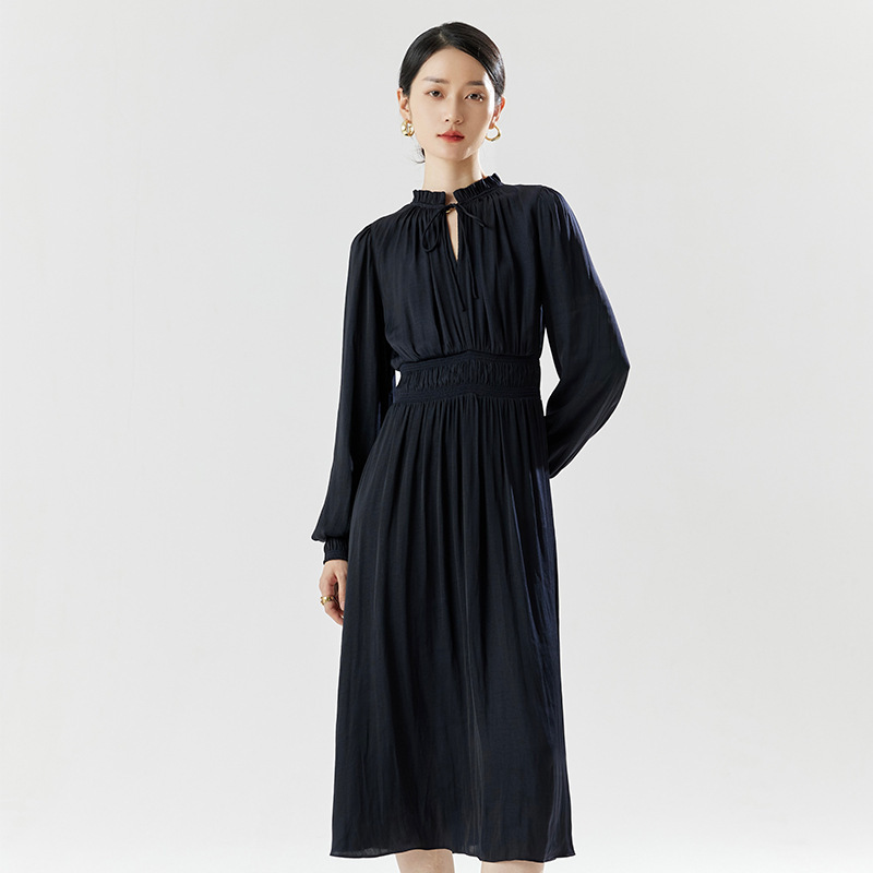 2026 Spring New French Style Polyester Elegant Romantic Pullover High Waist Solid Color Mid-Length Dress for Commuting