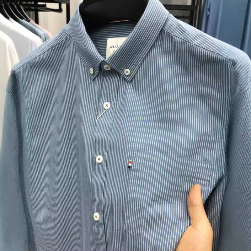 High-Quality Oxford Fabric Spring and Autumn Striped Shirt, Business Casual Inner Layer, Men's Long-Sleeve Shirt with Real Pockets