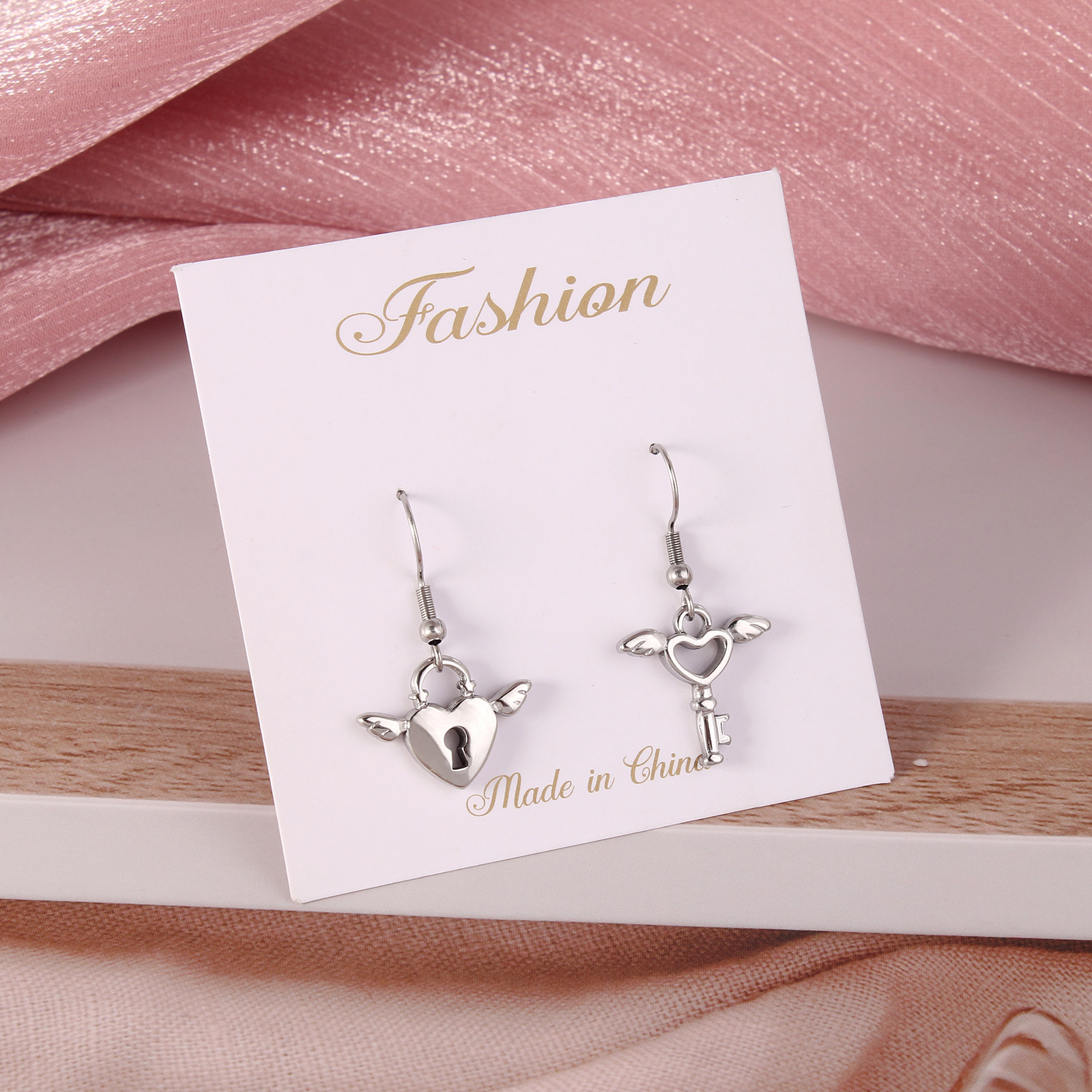 Heart Shape, Key Pattern Fashion Heart Shape Key Stainless Steel Stamping Drop Earrings 1 Pair