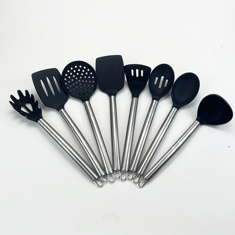 Juego de utensilios de cocina de silicona con mango de acero inoxidable, olla antiadherente de presión de papa de silicona, pala, cuchara, espátula, stock de fábrica