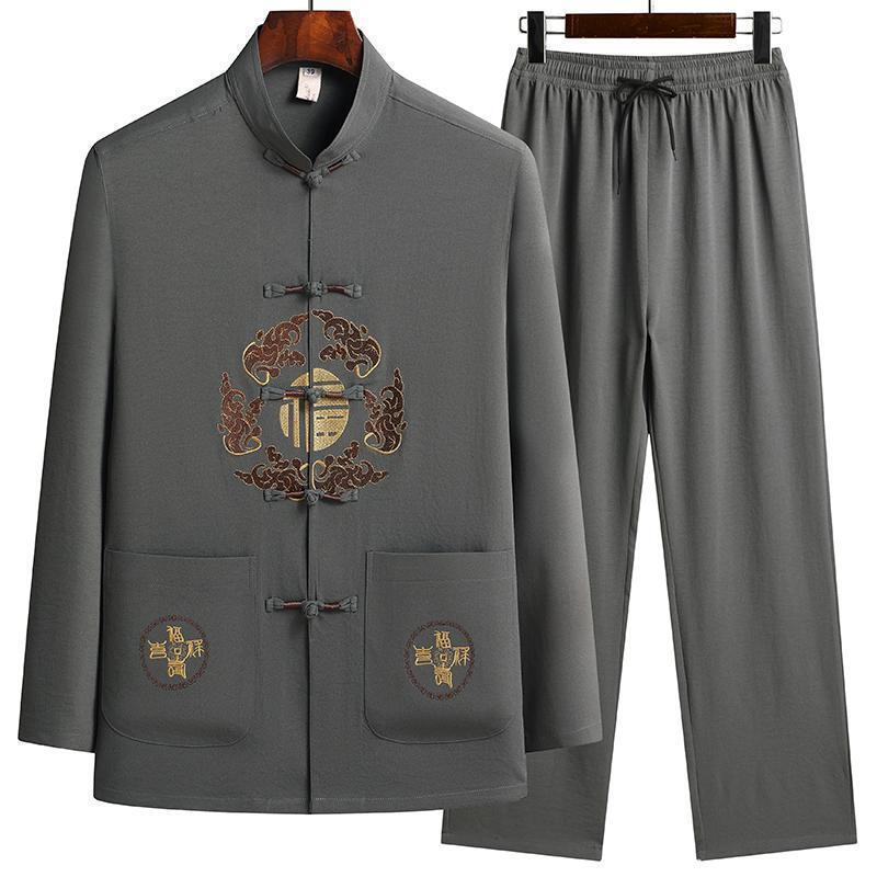 Middle-aged and elderly Tang suit men's father autumn long sleeve Chinese style cotton and linen suit grandpa old man vintage clothes embroidered Middle-aged and elderly Tang suit men's father autumn long sleeve Chinese style cotton and linen suit grandpa old man vintage clothes embroidered
