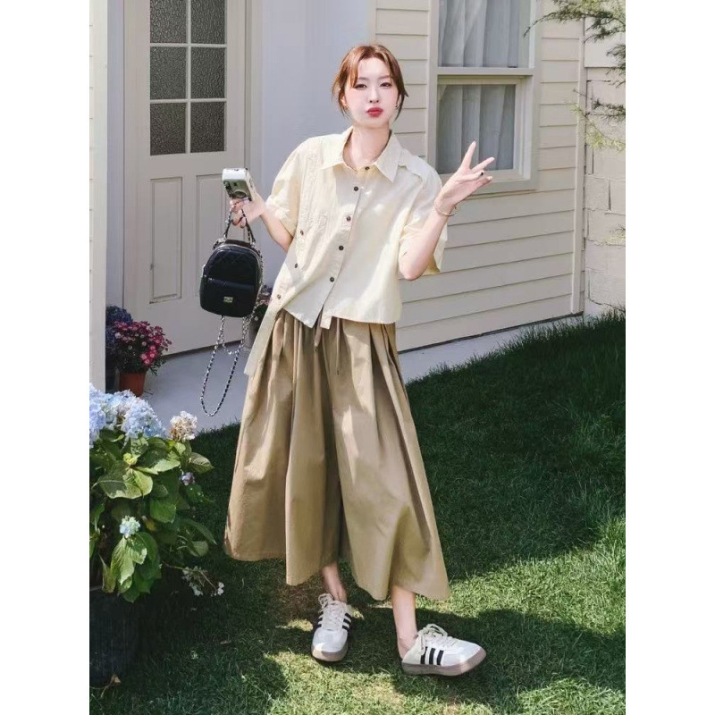 Irregular Workwear Set with a Fashionable and Gentle Vibe: Nursing-Friendly Top + Loose Wide-Leg Shirt Skirt Two-Piece Set