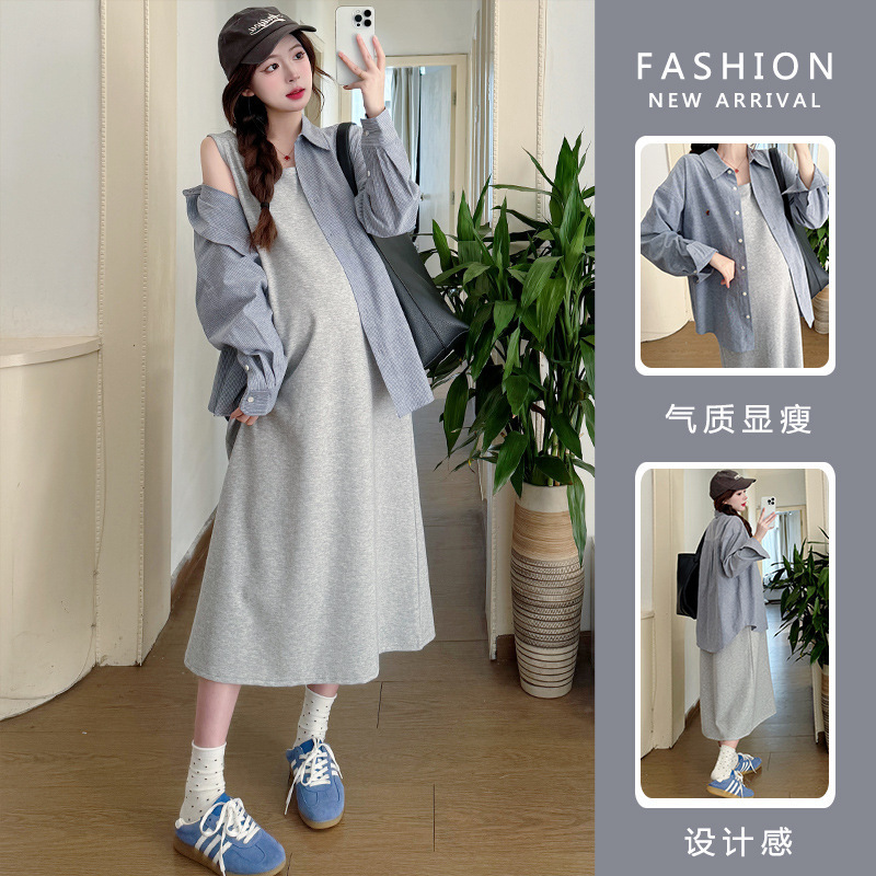 Maternity Wear 2025 New French Style Vest Dress + Korean Style Loose Shoulder Sleeve Stripesd Shirt Suit