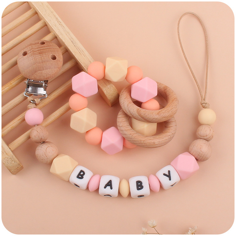 Suministros para bebés de haya clip pezón cadena creativa DIY bebé octogonal silicona mordedor pulsera juguete conjunto de dos piezas