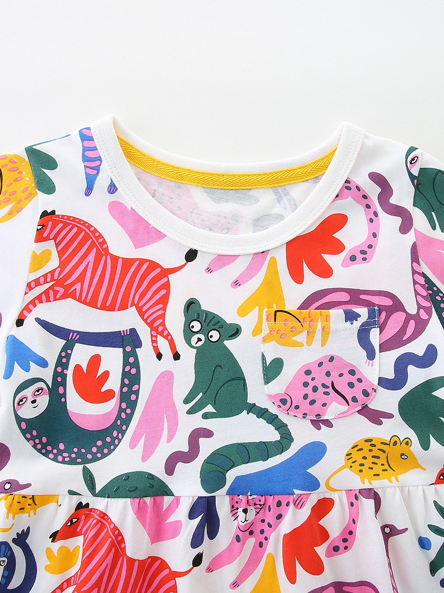 Verano nuevo vestido de niña dibujos animados impresión animal vestido de mangas cortas vestido de niños de estilo europeo y americano comercio exterior