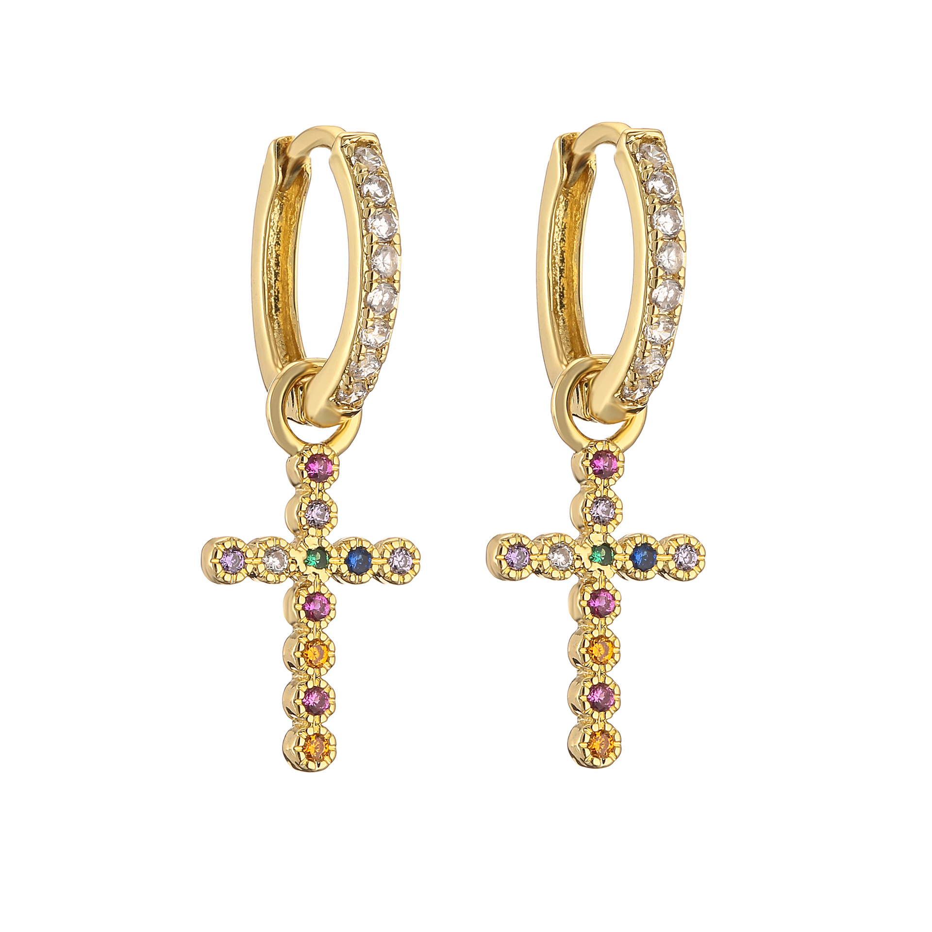 Copper Material Gold Plated Plating 1 Pair Cute Cross Moon Plating Inlay Copper Zircon Gold Plated Earrings