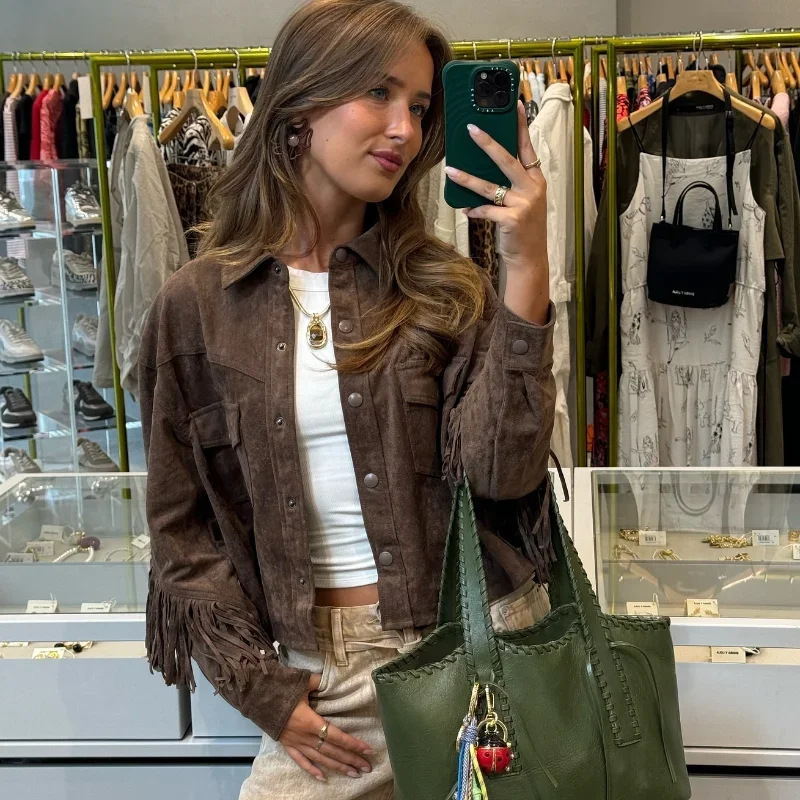 European and American Cross-Border 2024 Autum Women's Jacket Personalized Street Brown Retro Tassel Suede Jacket for Women