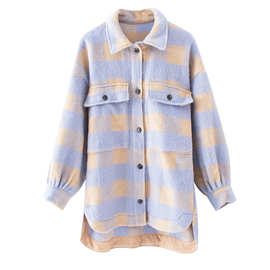 2023新品 ins欧美女装 格子毛呢宽松口袋衬衫式外套上衣8BS9133