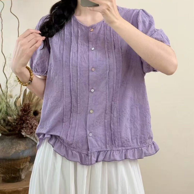2026 Summer Short-Sleeve Women's Lace Patchwork Ruffle Top, Thin Skin-Friendly Pleated Blouse