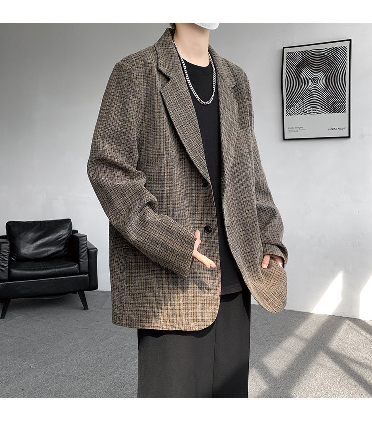 American Retro Houndstooth Blazer For Men Oversized Plaid Jacket_voghion.com