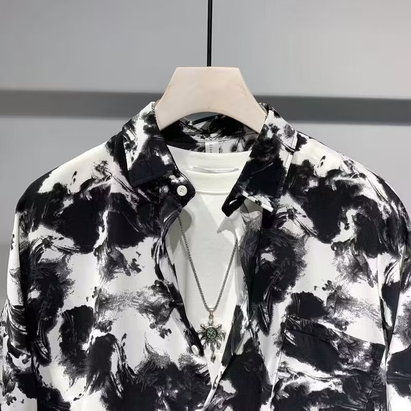 Summer Short-sleeved Shirt Men's Trendy Brand Loose High-end Sense Black and White Ink Style Printed Pendant Sense Shirt for Outer Wear