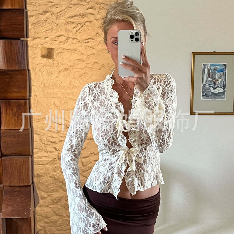 2023 European and American fashion slim-fit elegant outer wear solid color mesh hollow perspective lace long sleeve cardigan