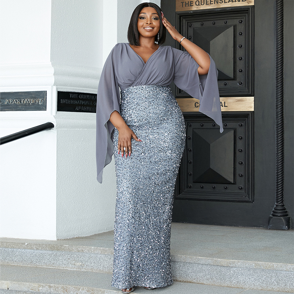 GraceChic Cross-Border European And American Plus Size Elegant Sexy Pailletten V-Ausschnitt Langarm Abendkleid für Brautjungfern_voghion.com