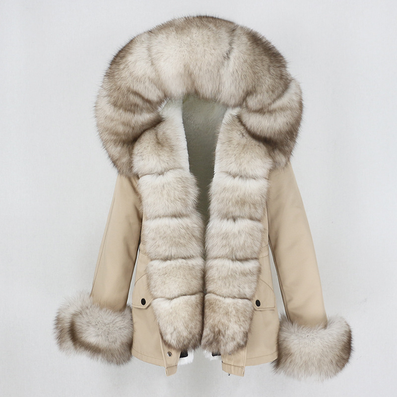 Damkläder höst och vinter ny avtagbar rävpälskrage kort mode varm parka pälskappa_voghion.com