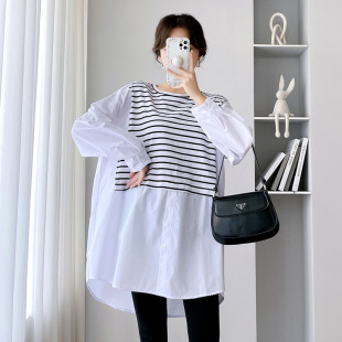 Pregnant Women's Shirt 2024 Spring New Pregnant Women's Fake Two-piece Shirt Stitching Casual T-shirt Fashion Trendy Mom