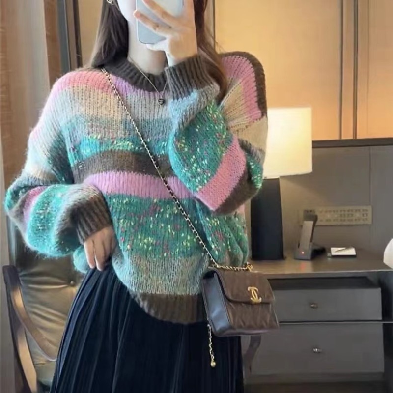2025 New Color-Blocked Tops Autumn and Winter Loose Round Neck Knitted Bottoming Shirt Rainbow Striped Style Pullover Sweater for Women