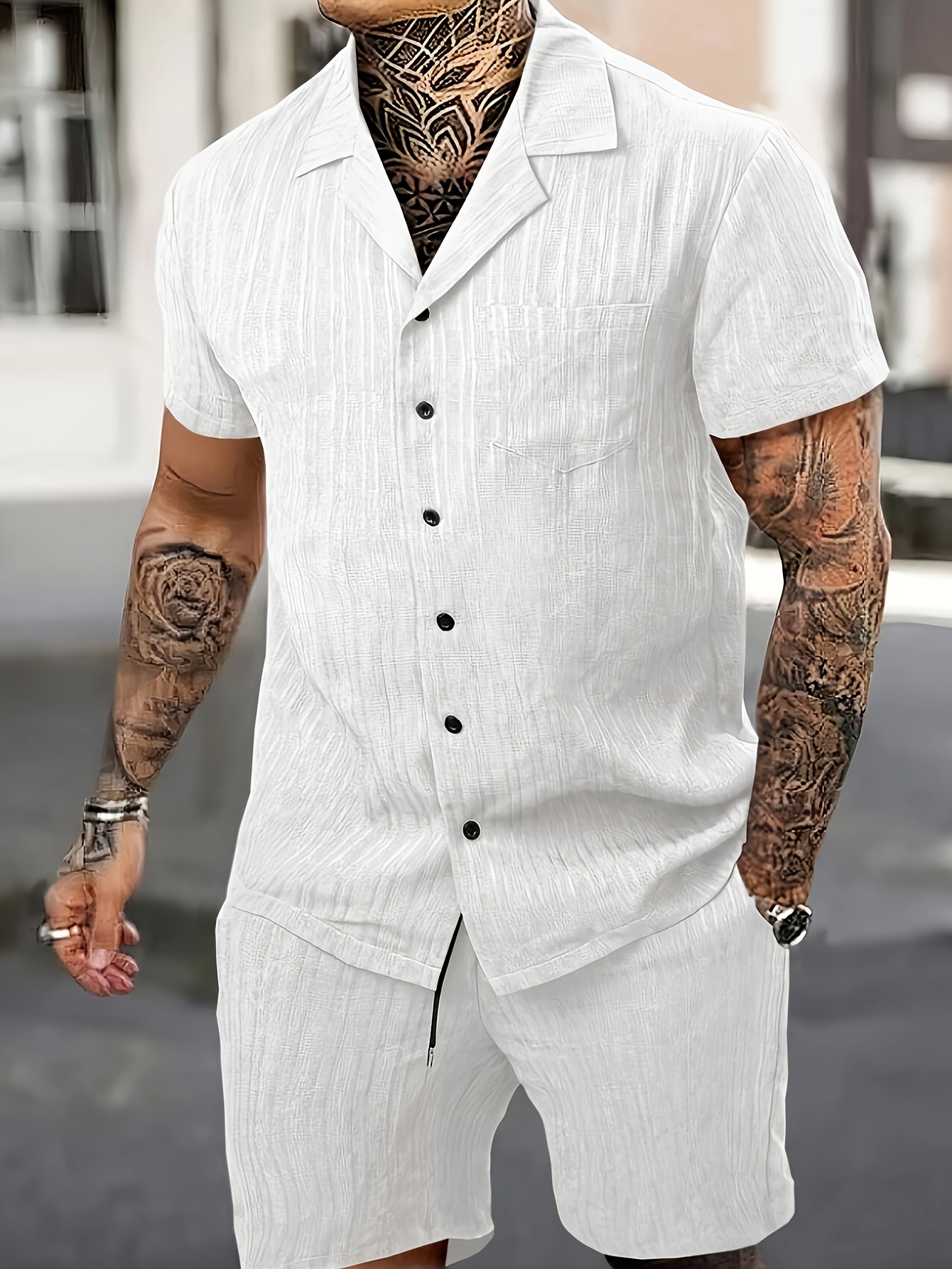 Lässiges Herren Hemd Und Shorts Set Mit Rüschentaschen_voghion.com