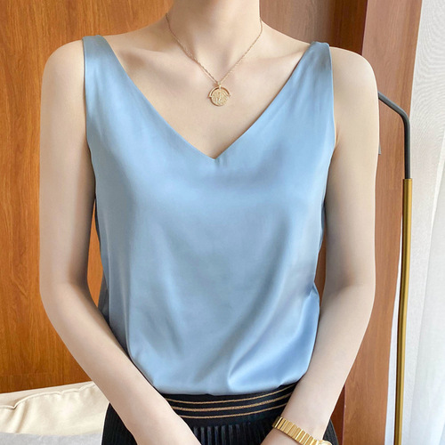 Silk Satin Strapless Women's Backless Top Summer New Slimming V-Neck Short Style Elegant Layering Top Trendy Short