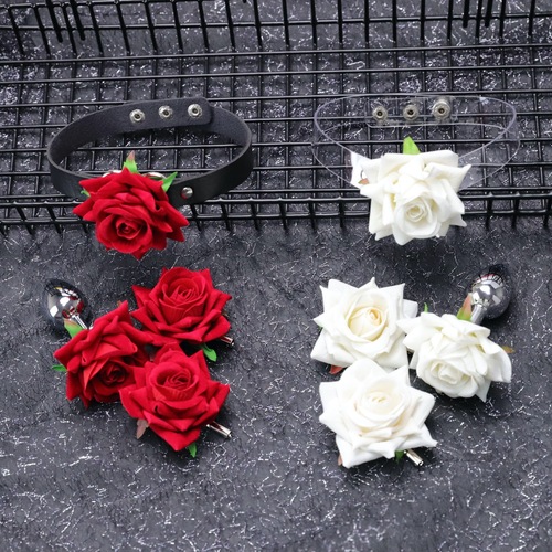 Rose Breast Clamp Anal Plug Collar Set SM Sex Toys Couples Training Toys Sexual Teasing Back Court Development