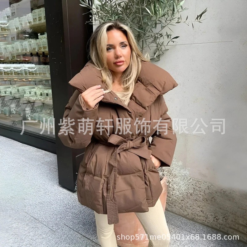 2025 3 色スタンドカラー暖かいウエスト女性の綿のジャケット秋と冬のヨーロッパとアメリカのルーズレースアップ新しいファッション綿|undefined