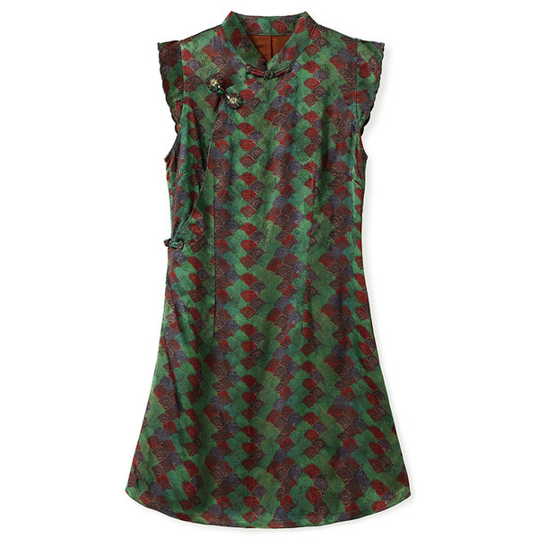 Váy sườn xám cách tân cổ đứng cài cúc kẻ sọc dáng chữ A chất rayon — Màu xanh khoáng