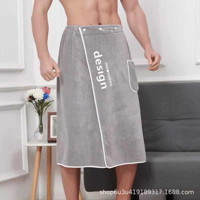 Coral fleece bath towel men's gray bathrobe embroidered logo changeable bath skirt button with pocket factory wholesale