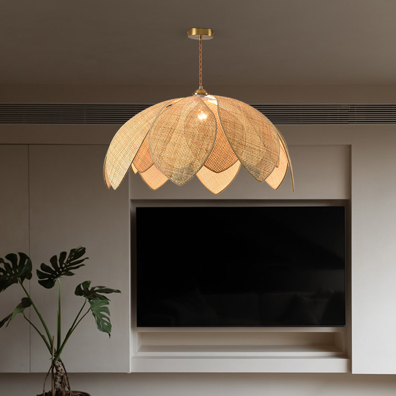 Lámpara colgante de ratán estilo wabi-sabi para sala de estar, comedor, dormitorio, casa de huéspedes, lámpara tejida, lámpara colgante de pétalos de arte creativo vintage