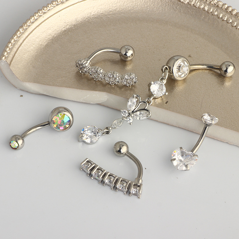 Plum Blossom Stainless Steel Navel Ring Set - 5-Piece Belly Button Rings Body Piercing Jewelry detail image 8