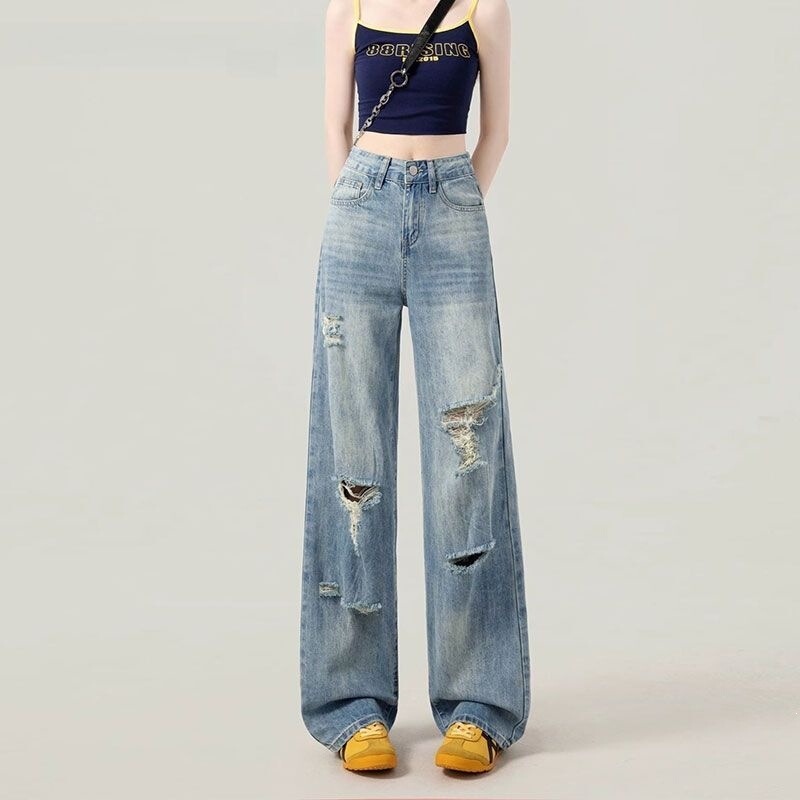 Blue Ripped Summer Thin Jeans for Women, High-Waisted, Slimming, Straight-Leg, Floor-Length, Wide-Leg, Leg-Lengthening, Versatile and Trendy Blue Ripped Summer Thin Jeans for Women, High-Waisted, Slimming, Straight-Leg, Floor-Length, Wide-Leg, Leg-Lengthening, Versatile and Trendy