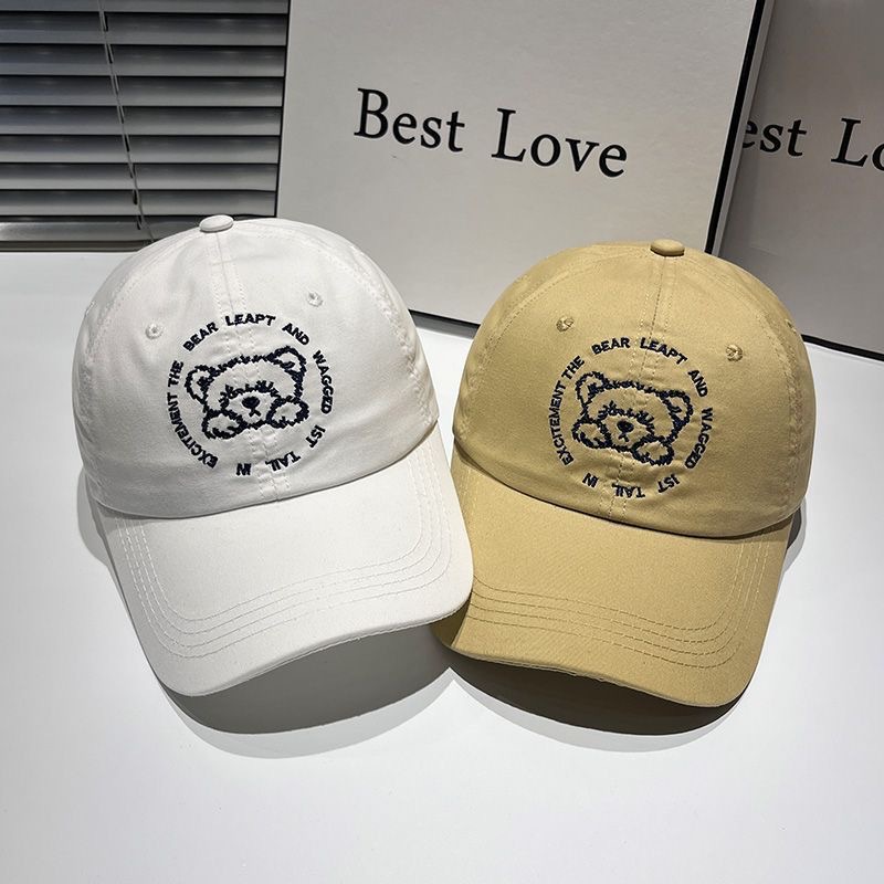 新款春夏鴨舌帽女可愛小熊刺繡棒球帽男白色帽子女款軟頂百搭學生