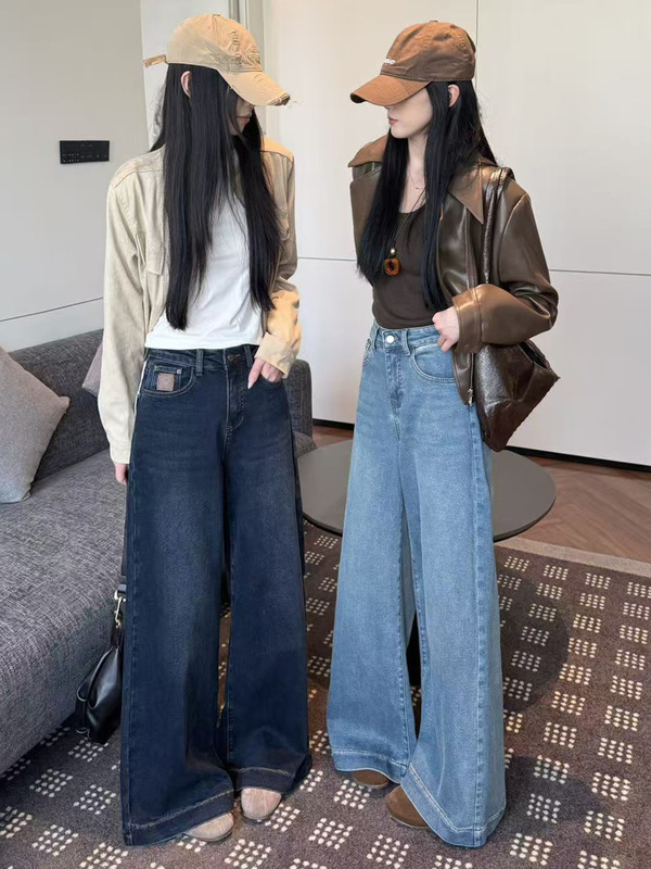 十三行女装辣妹大阔腿牛仔裤女冬季款加绒高腰宽松直筒裤加厚植绒|undefined