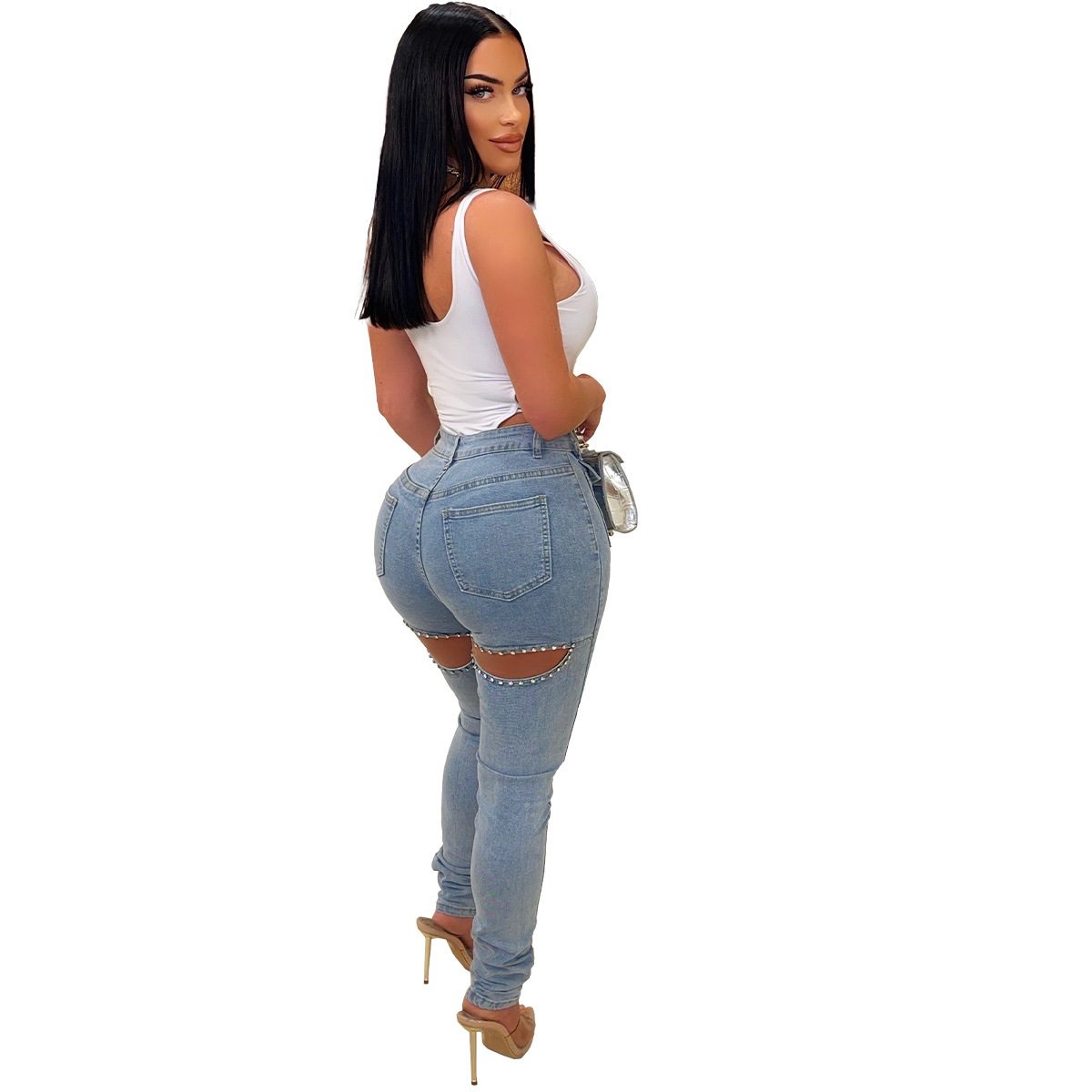 Women's Holiday Street Streetwear Solid Color Full Length Diamond Jeans display picture 5