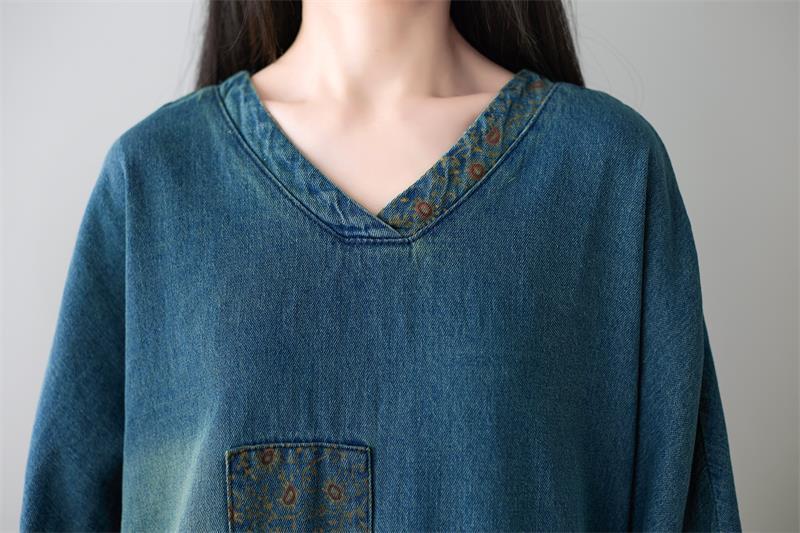 V neck Long Tassel Sweater Washed Dots Patch Long Sleeves Dress Slimming