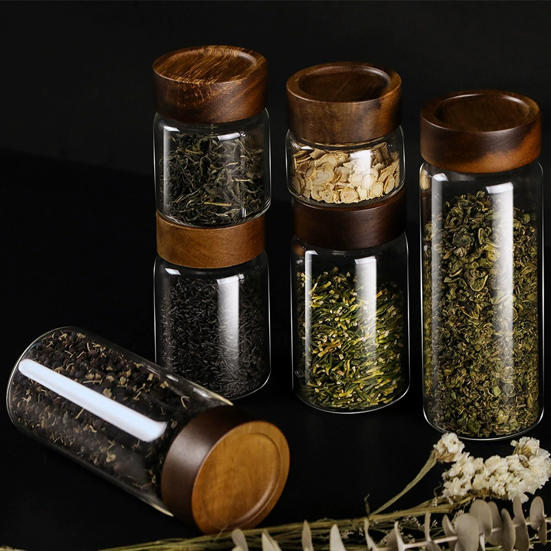Кухонная стеклянная банка высокого borosilicate с крышкой из акации, хранение зерна, прозрачная банка для хранения пищи