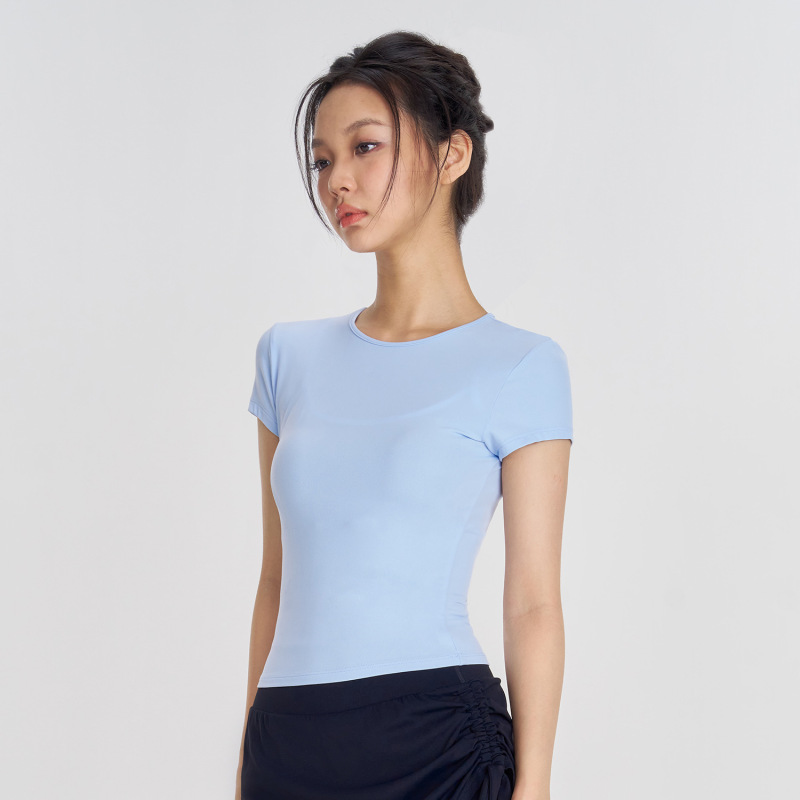 Huankan ファッショナブルなヌードランニングヨガ T シャツ、女性用、薄手、スリムフィット、スポーツ半袖、エレガントなラウンドネック、女性用フィットネスウェア|undefined