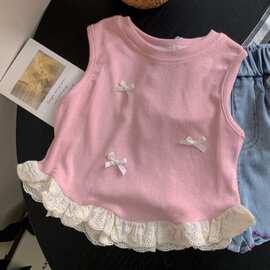 休闲蝴蝶结短款小背心夏装新款儿童甜美拼接花边无袖T恤上衣潮流