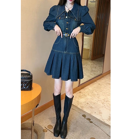 美式复古牛仔连衣裙女春季高级感小个子气质polo领收腰百褶短裙潮|undefined