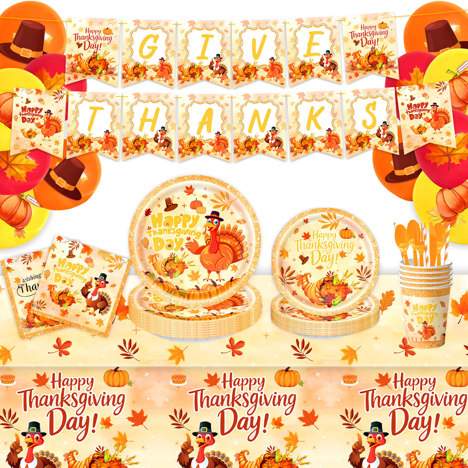 Día de Acción de Gracias Pavo tema fiesta de cumpleaños cubiertos set bandeja de papel tazas de papel toallas de bandera colgante decoración de fiesta