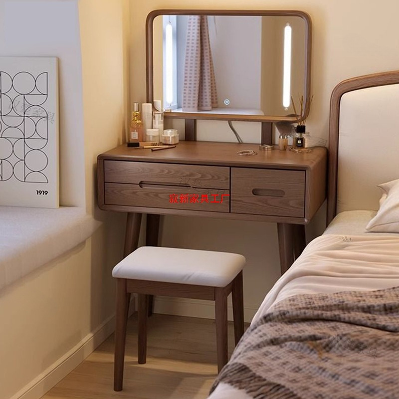 Rubber Wood Solid Wood Dressing Table Bedroom Modern Simple Makeup Cabinet Makeup Table Stool Small Dressing Table with Drawer