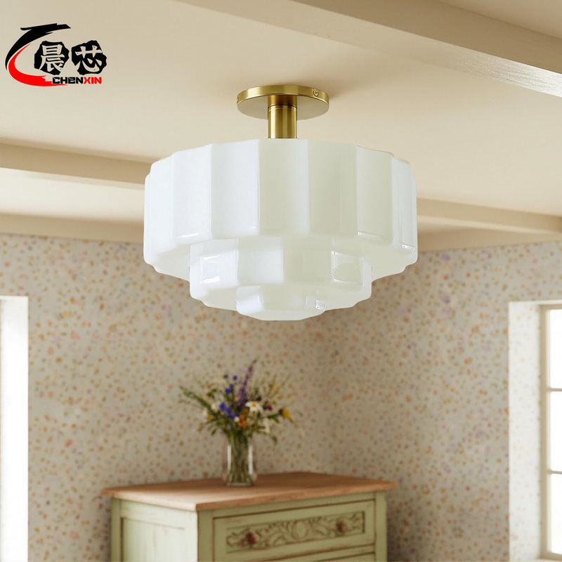 Amazon Vintage Milk Glass Pendant Light White Pleated Glass Semi-Flush Ceiling Light Bedroom Pendant Light