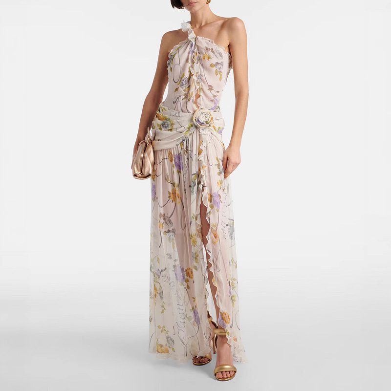 European and American French Style Halterneck Backless Travel Photography High-End Sunset Vacation Floral Skirt Chic Beach Print Dress European and American French Style Halterneck Backless Travel Photography High-End Sunset Vacation Floral Skirt Chic Beach Print Dress