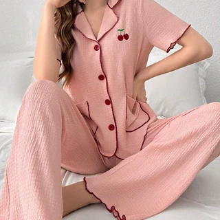 女士家居服新款套装短袖长裤开衫翻领睡衣新款两件套跨境欧美外贸