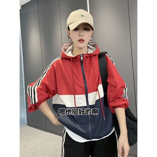 Jacket Women's 2024 Spring and Autumn Korean Style New Casual Stitching Contrast Color Hooded Lining Rushforward Clothes Retro Jacket Women's Trendy